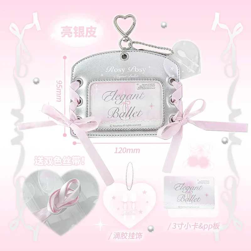 1Pc Y2K Ballet Style Silver PU Ribbon Bow ID Card Holder Cute Chic Girl Kpop Idol 3-inch Photocard Display Bag Keychain Pendant