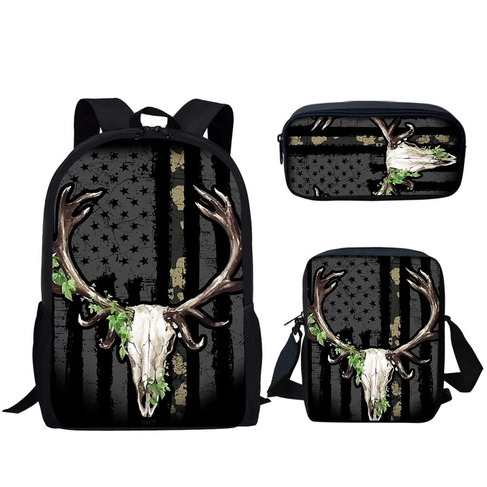 Belidome Kinder Schule Rucksack 3Set Camo Jagd Amerikanischer Flagge Deer Drucken Leichte Schulranzen für Teen Jungen Casual Buch Taschen