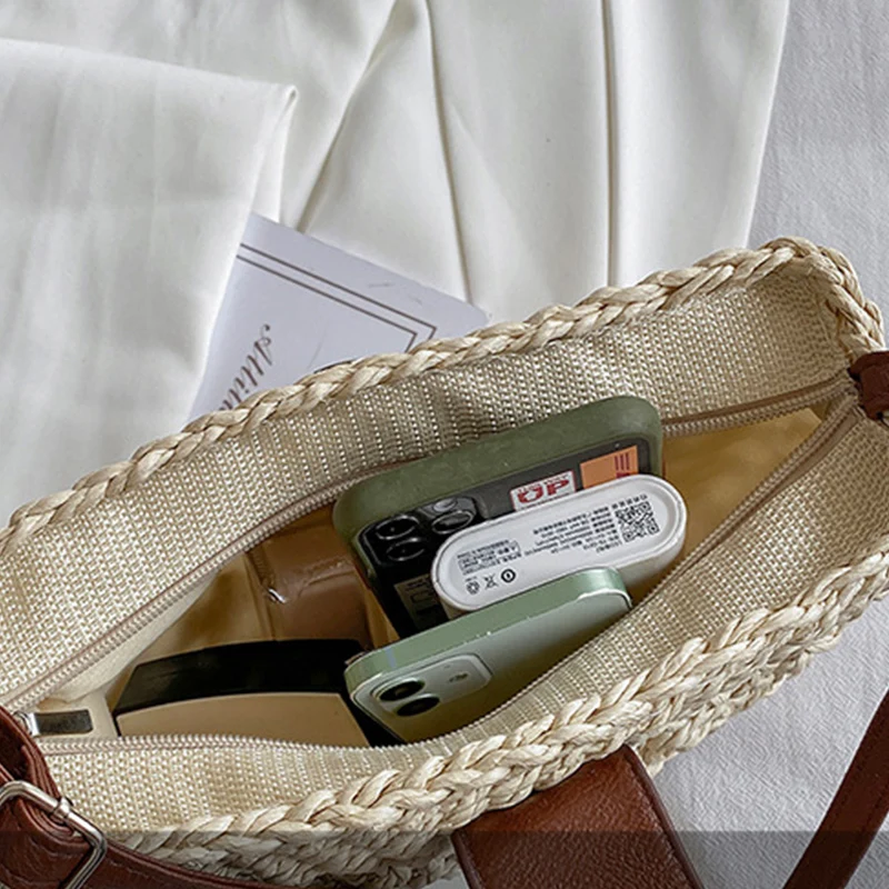 Yogodlns Sommer Stroh Tasche Für Frauen Mode Halbkreis Umhängetaschen Rattan Handgemachte Messenger Handtasche Reise Strand Taschen Tote – Detail 25