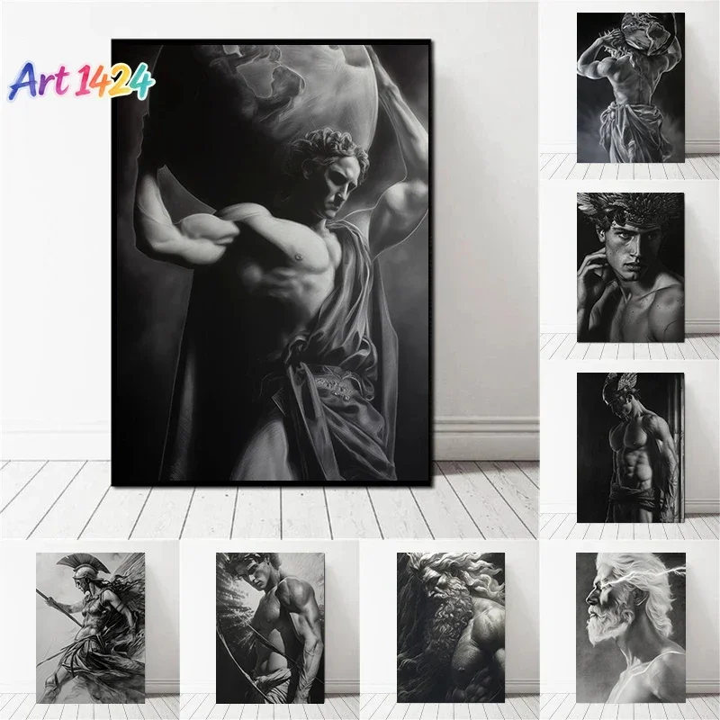 1pc frameless canvas painting Atlas Greek Black and White Mythology Male Statue Art Poster Canvas Print Bar Home Living Room