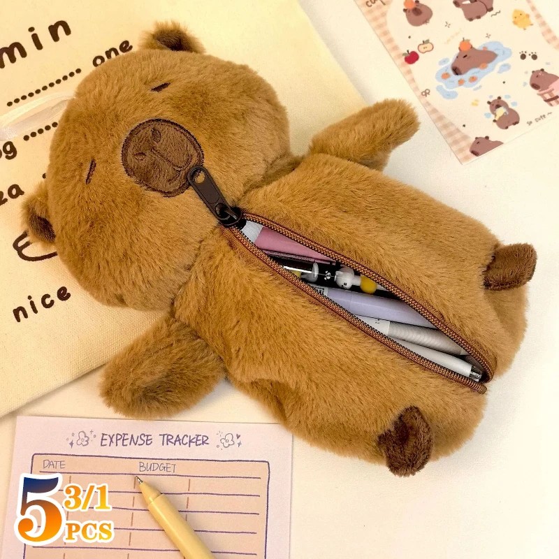 1/3/5PCS Capybara Plush Pencil Case Large Capacity Cute Cartoon Student Storage Pouch Desk Stationery Organizer Storage Bag