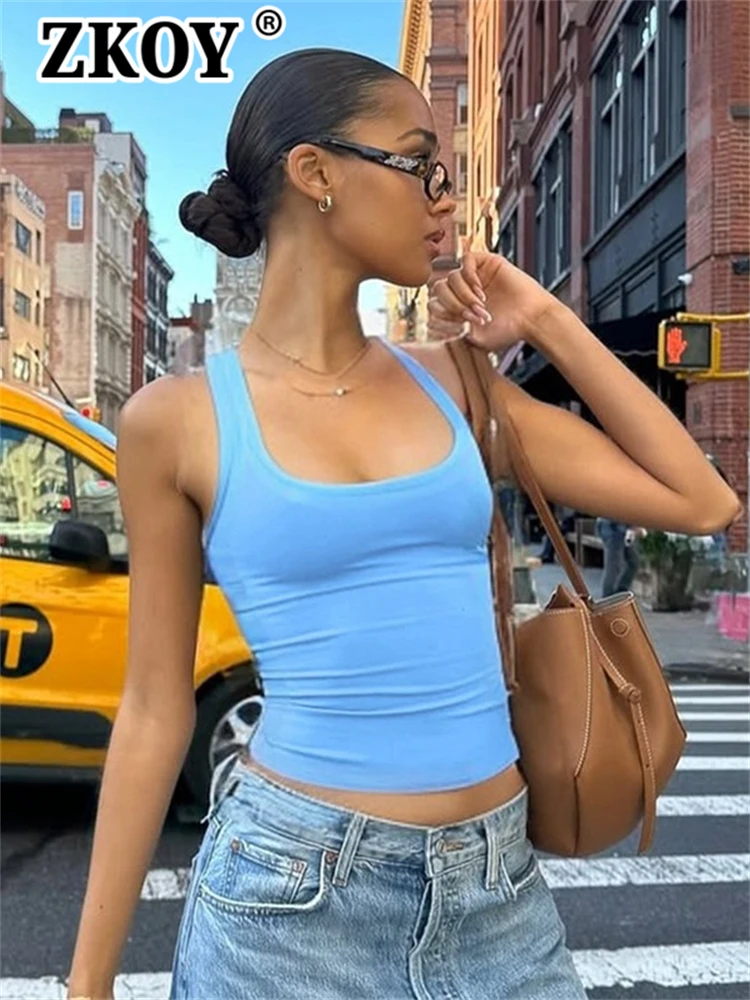 Zkoy Sumemr 2027 New Fashion Date Night Top Women Sleeveless U-Neck Crop Top Daily Casual Solid Tank Tops Slim Fits Hot Sale