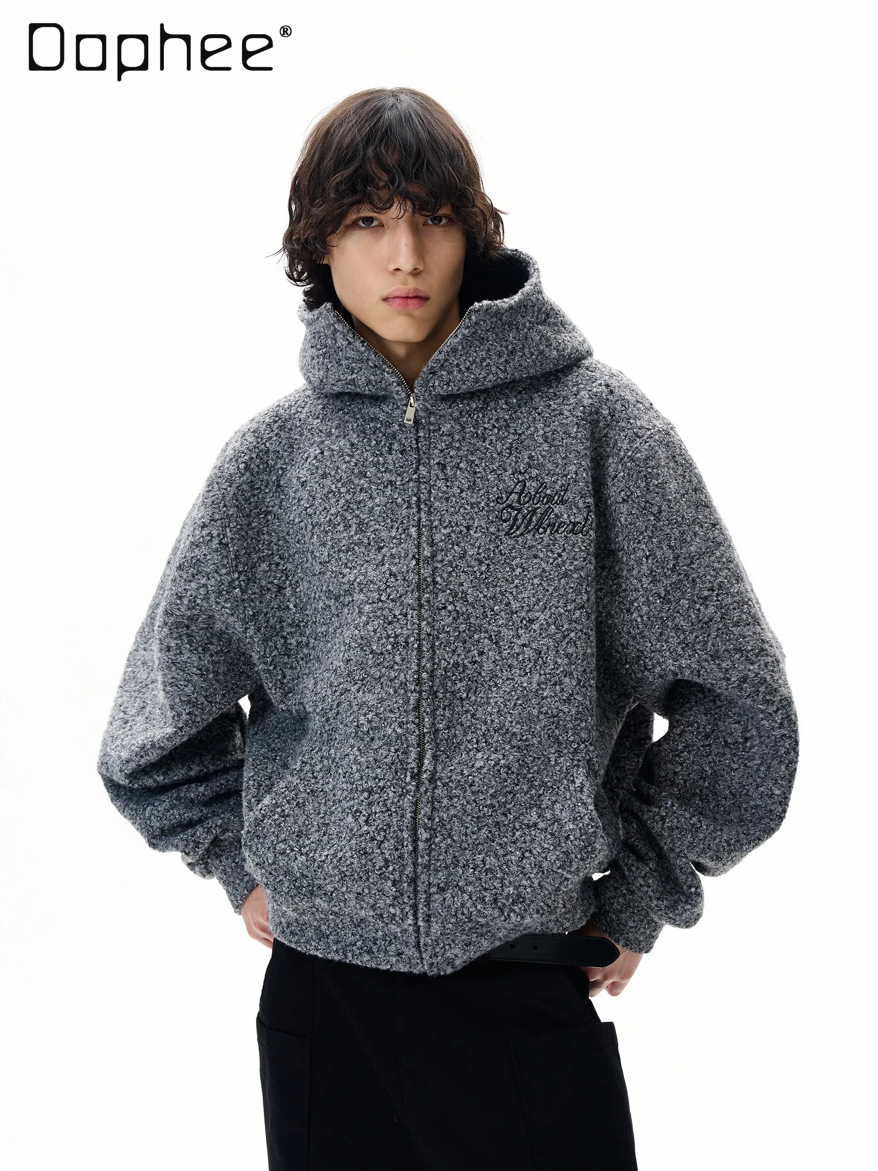 2026 Autumn and Winter American Retro Style Men's Letter Embroidery Loose Casual Lamb Wool Gray Zipper Hooded Jacket