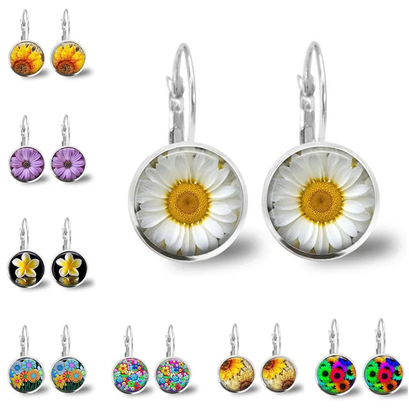 Popular Jewelry Glass Pendant Alloy Earrings Sunflower Little Daisy Pattern Fashion Gift