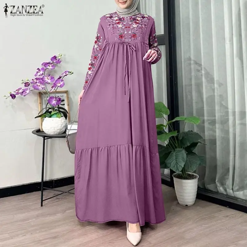 

Мусульманские модные женские платья макси ZANZEA с цветочным принтом, на шнуровке, с рукавами-фонариками, абайи, исламские хиджабы, скромное длинное платье для Ид