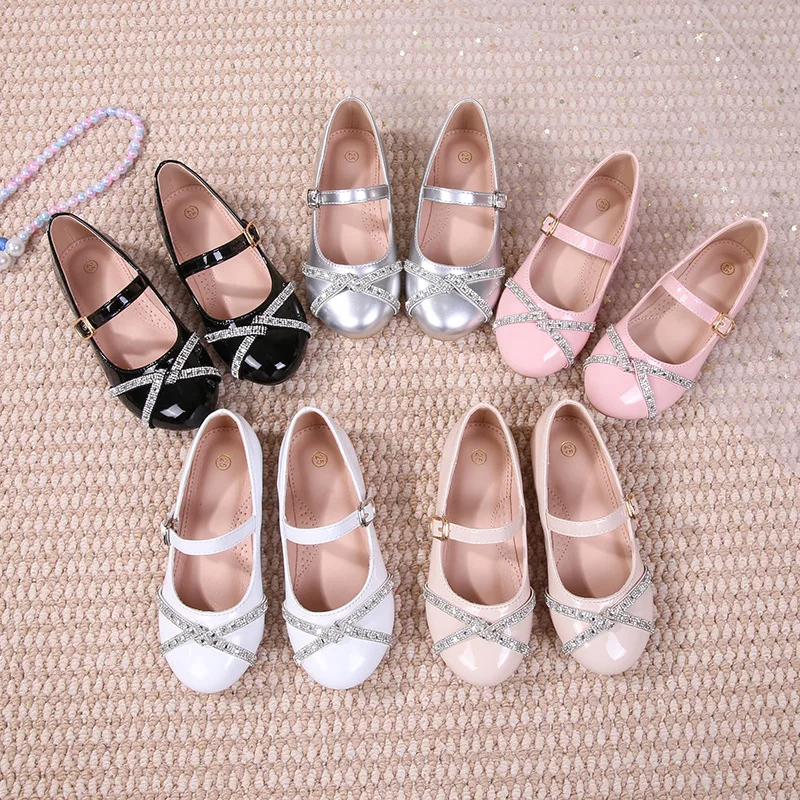 

Girl Silvery Shoes Party Elegant Evening Princess Low Heel Birthday Flats Girl's Leather Dance Shoe Rhinestones Zapatos De Niña
