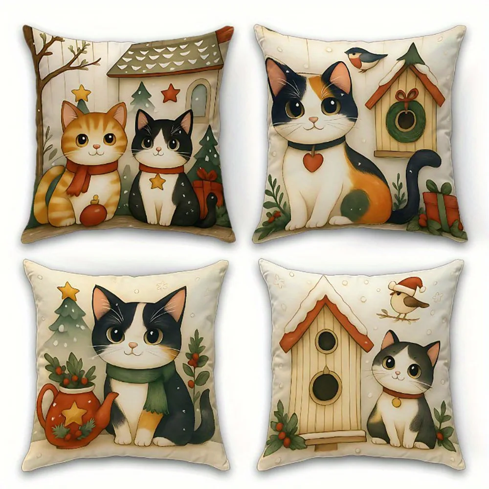 1PC 2D Flat Christmas Cute Cats Throw Pillow Covers Winter Holiday Farmhouse Cushion Cases for Home Bed Decor No Pillow Core