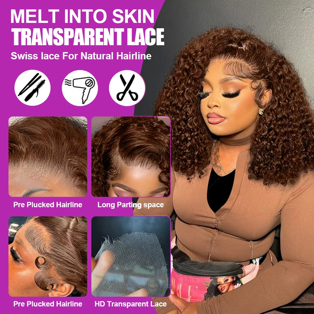 Wig Rambut Manusia Jerry Kinky Curly Cokelat Coklat Tua Tanpa Lem # Wig Frontal Lace HD 13x4 Deep Wave 4 Warna untuk Wanita, Kepadatan 250%