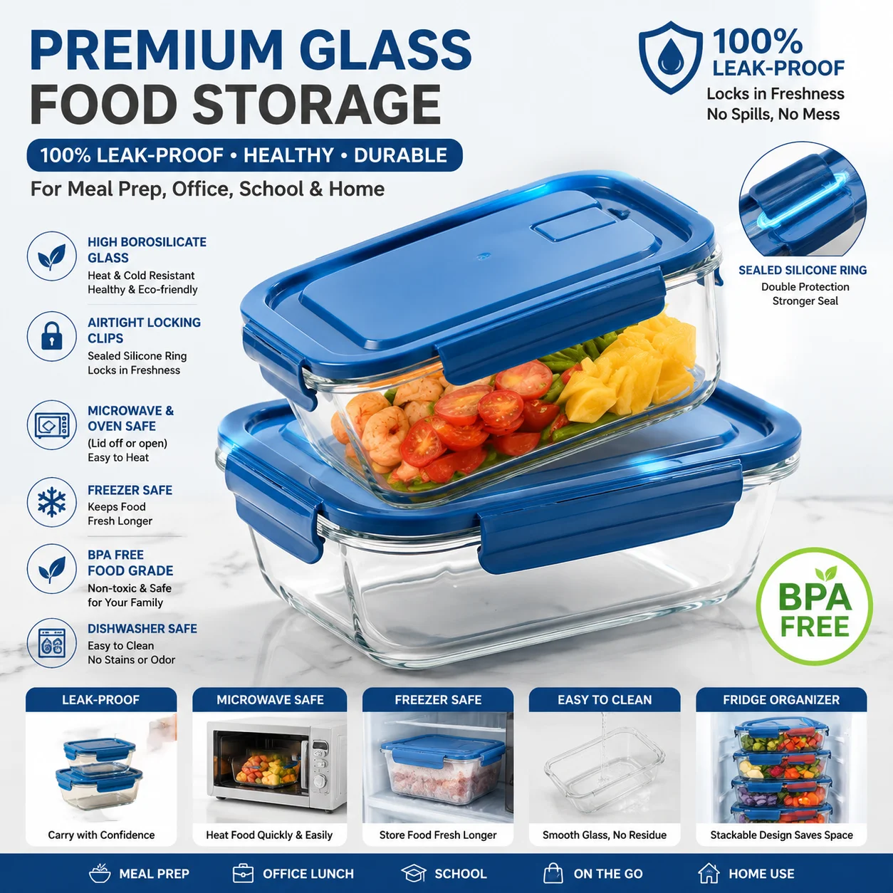 Meal Prep Oven Safe Containers - 2 Pack High Borosilicate Glass Lunch