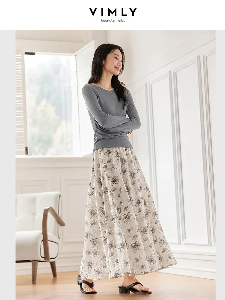 VIMLY Gonna lunga da donna con stampa floreale 2025 Autunno Elegante Office Lady Moda allentata Semplice Casual Elastico in vita Gonna a trapezio A0390