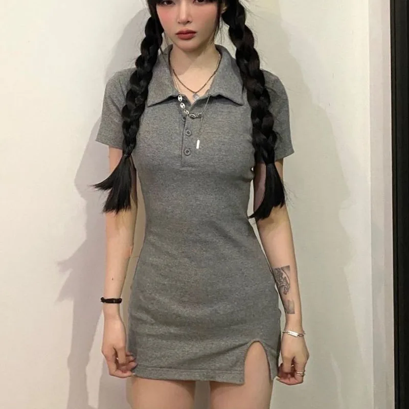 Pure Desire Solid Color POLO Collar Dress Women Summer New Slim Appear Thin Forking Short Sleeved Comfortable All-match Skirt