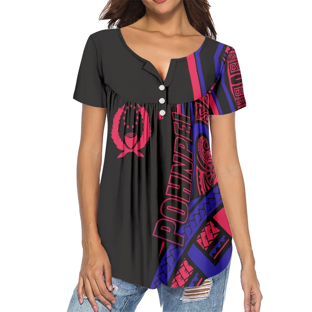 

Women's Blouses Polynesian Tribal Design Show Thin V neck Blouses Summer Short Sleeved Shirt Flower Printing Buttons Top
