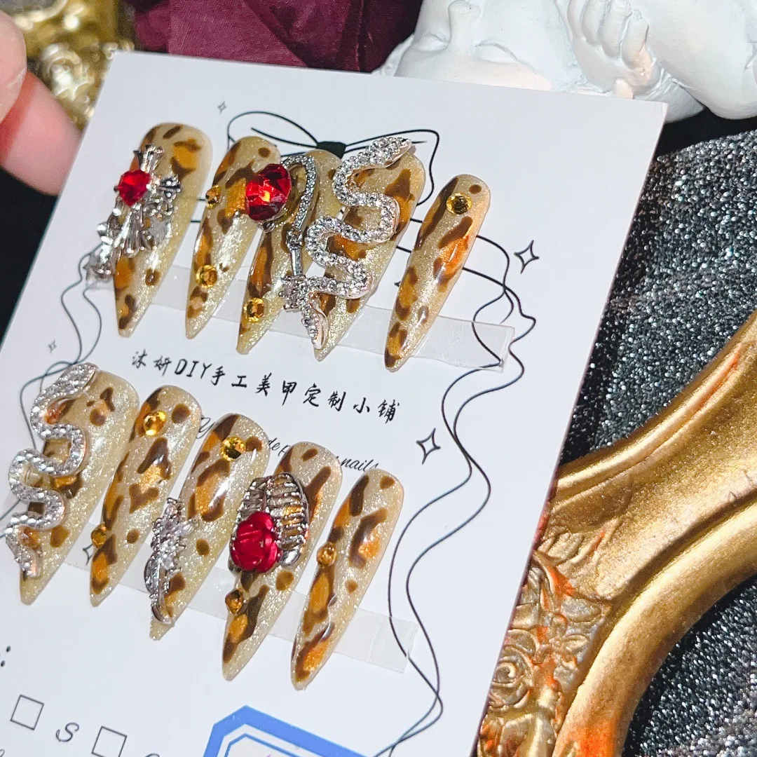 

Leopard Print Press On Nails With Rhinestone Snake Red Gems Bold Avant - Garde