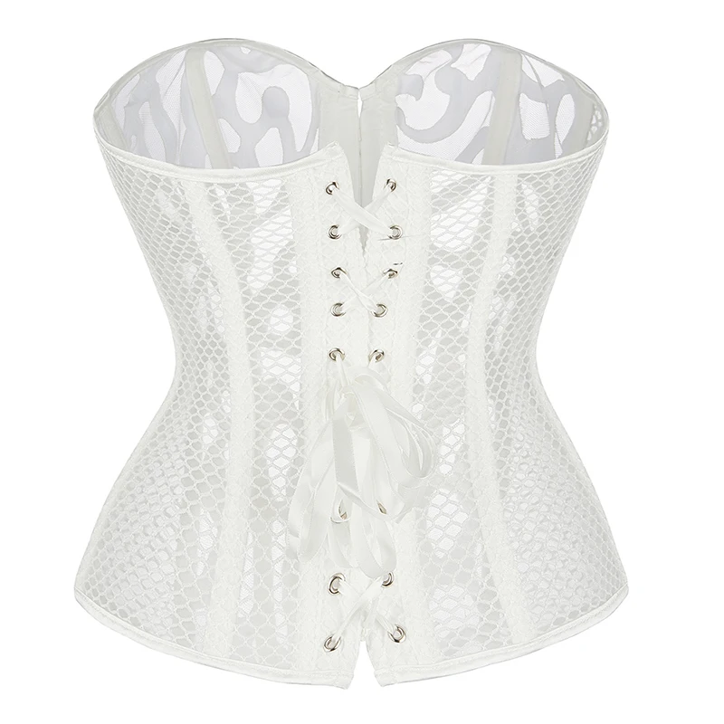 Women Steampunk Overbust Corset Hollow Out Mesh Waist Bustier Top Black White Gothic Corselet Basques