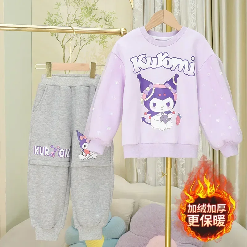 MINISO Kuromi-Sweat à capuche et pantalon à manches longues, anime Kawaii, sourire, dessin animé mignon, t-shirt épaissi, jouets cadeaux, automne, hiver, 2 pièces