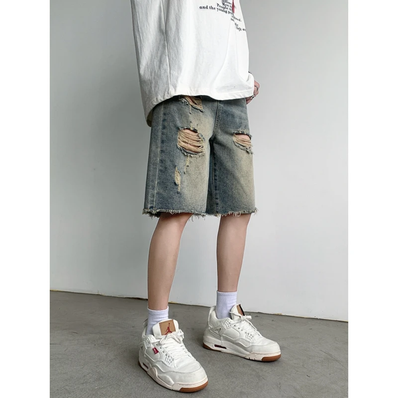Retro Washed Men's Summer Denim Shorts with Hole Design Trendy Hip Hop Style Five-Point Pants Straight Leg Loose Fit Casual J...