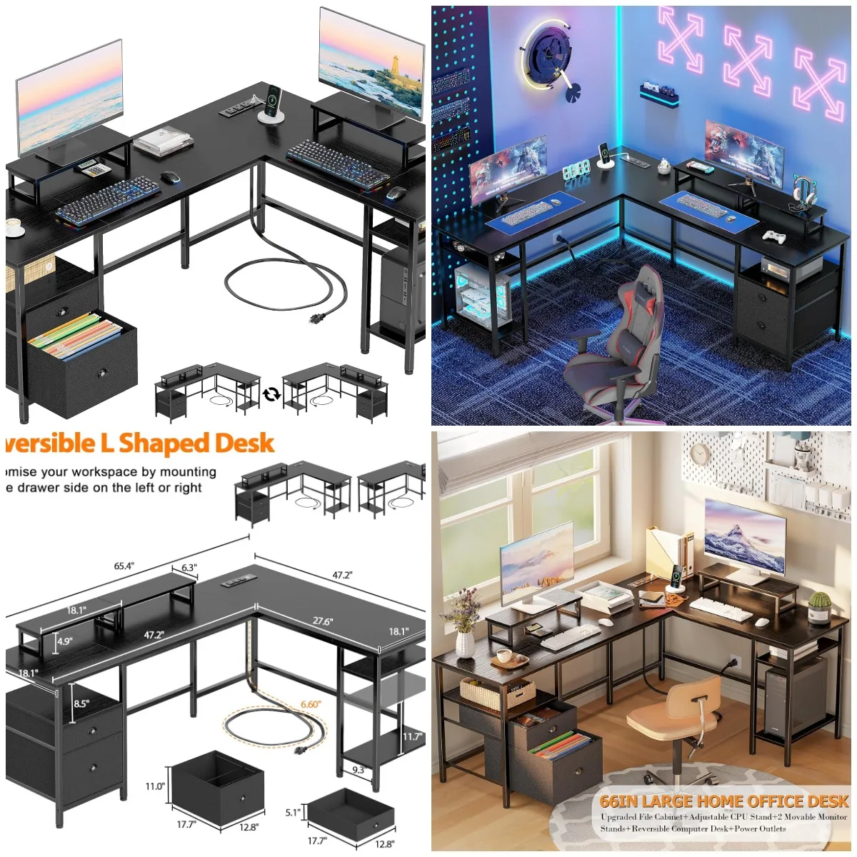 

66' L-Shaped Gaming Desk with Power Outlet, Reversible Design, File Drawer, 2 Monitor Stands, Storage Shelves, Black