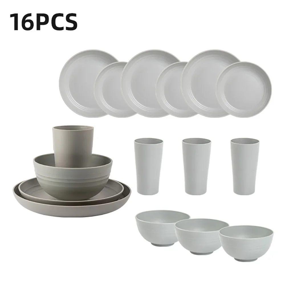 4/16Pcs Wheat Straw Tableware Set Grey Bowl Plate Sets Portable Picnic Cup Grey Dinnerware Camping Dishes Full Cutlery Sets