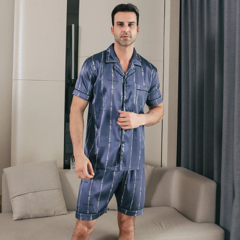 Men's pajamas short sleeved summer ice silk home clothing men's summer casual thin cardigan can be worn as a set home clothing