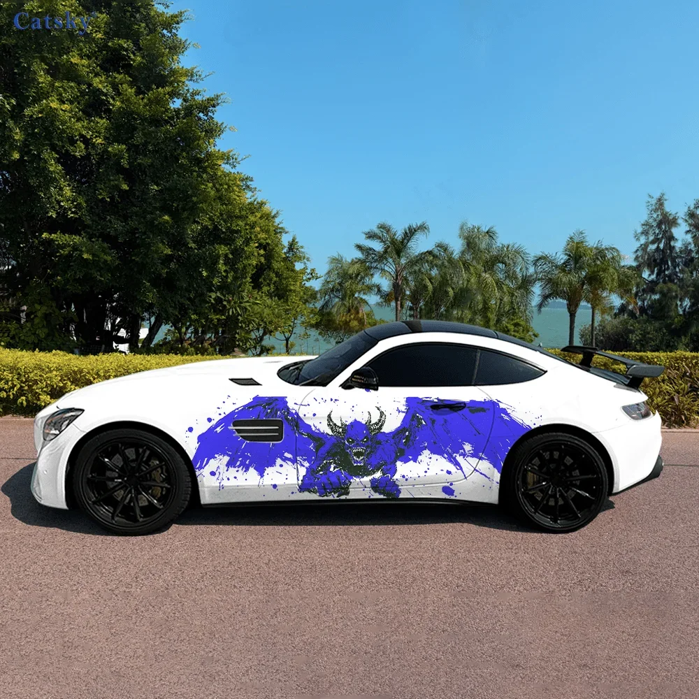 

Blue Bull Horn Demon Wing Car Side Sticker Decor,PVC Waterproof Scratch Resistant Decal,Car Protection,Auto Accessories Gift