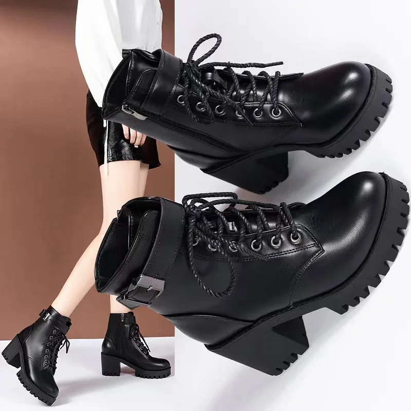 Large Size High-heeled Women's Lace Up Boots Fashion Round Toe Square Heel Belt Buckle Short Boots Black Female Motorcycle Shoes