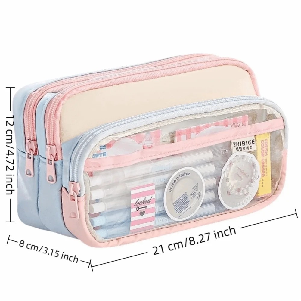 New Color-Block Pen Bag Transparent Pocket Multi-Compartment Pencil Case Large Capacity with Zipper Multi-layer Pen Pouch School