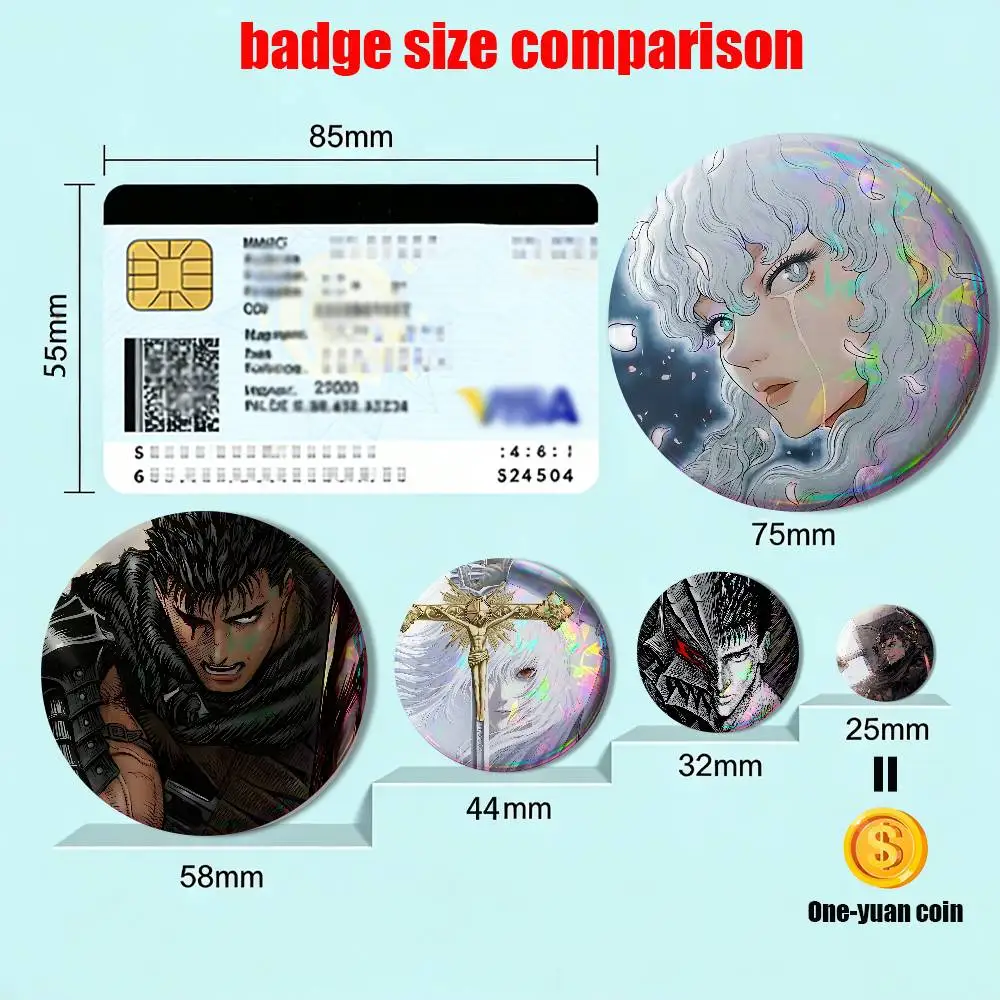Warriors Armor Guts Berserk Griffith 58mm 44mm Round Pins Creativity Printed Pictures Text Metal Lapel Badges Brooches Jewelry