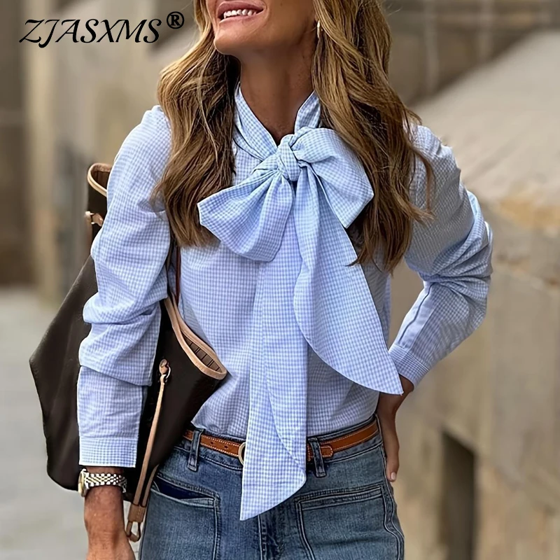 2025 Spring Striped Print Women\'s Elegant Blouses Fashion Bowknot Collar Commute Shirts Autumn Long Sleeve Button Streetwear Top