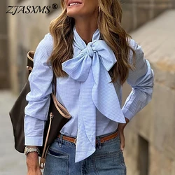 2025 Spring Striped Print Women's Elegant Blouses Fashion Bowknot Collar Commute Shirts Autumn Long Sleeve Button Streetwear Top