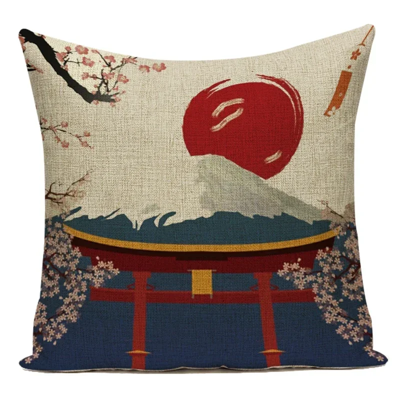 Housse de coussin avec peintures artistiques Vintage, taie d'oreiller carrée imprimée Japan Mount Fuji, pour canapé, voiture, décoration de maison