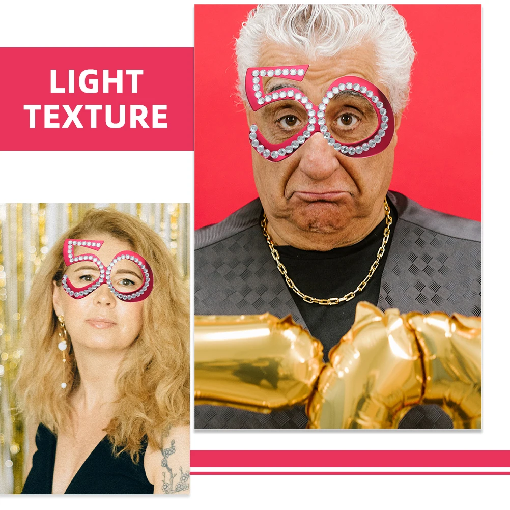 

2pcs 50th Digital Glasses Red Birthday Party Photo Prop Lightweight Glitter Rhinestone Eyewear Novelty Costume Accessory
