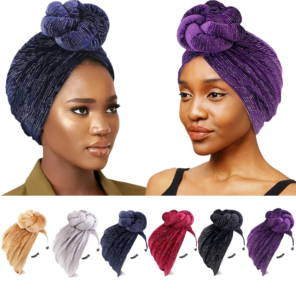 Women Muslim Hijab Braids Knotted Turban African Headscarf Beanies Bonnet Velvet Diamonds Headwear Indian Skullies Chemo Cap New