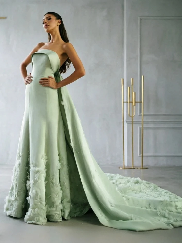 Customized Off Shoulder Smooth Satin Mermaid Prom Dresses Handmade Flower Embellished Bow Back Court Train Formal Party Gown