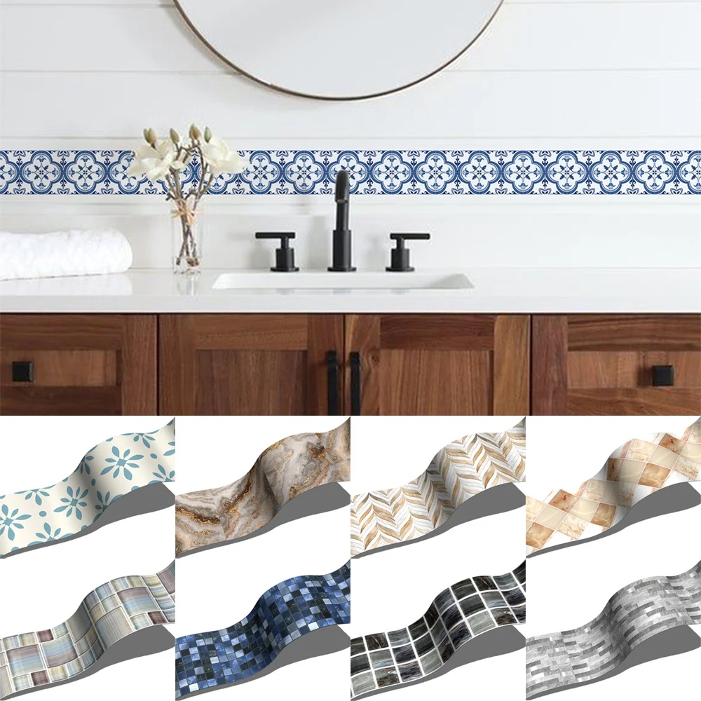 10x200cm Baseboard Sticker Moroccan Mosaic Tile Style Wall Border Sticker DIY Kitchen Bathroom Decoration Waistline Wall Sticker