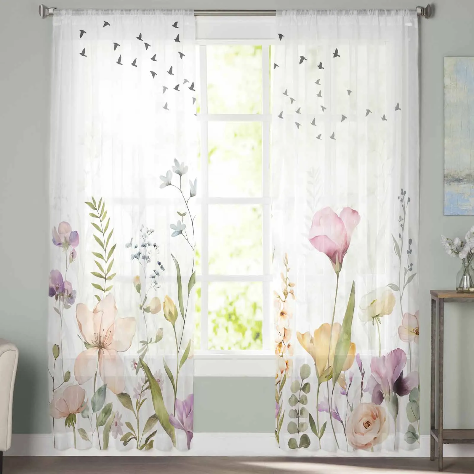 Leaves Flower Silhouettes Flying Birds Tulle Curtains For Bedroom Home Decor Living Room Kitchen Voile Curtains For Blind