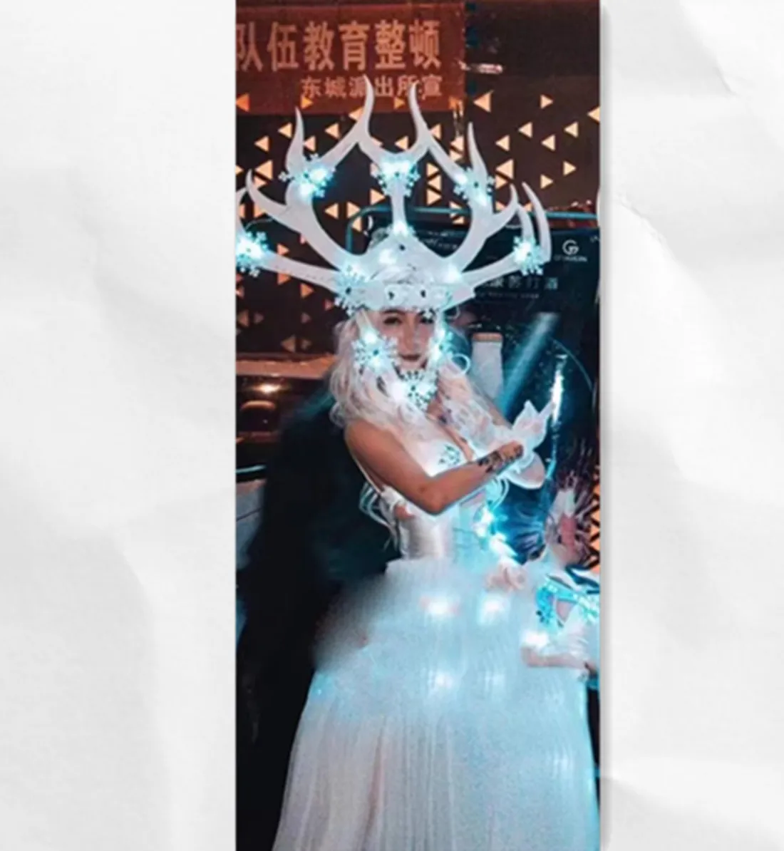 Bar Christmas GOGO costume white LED luminous antler headdress DS female snowflake skirt