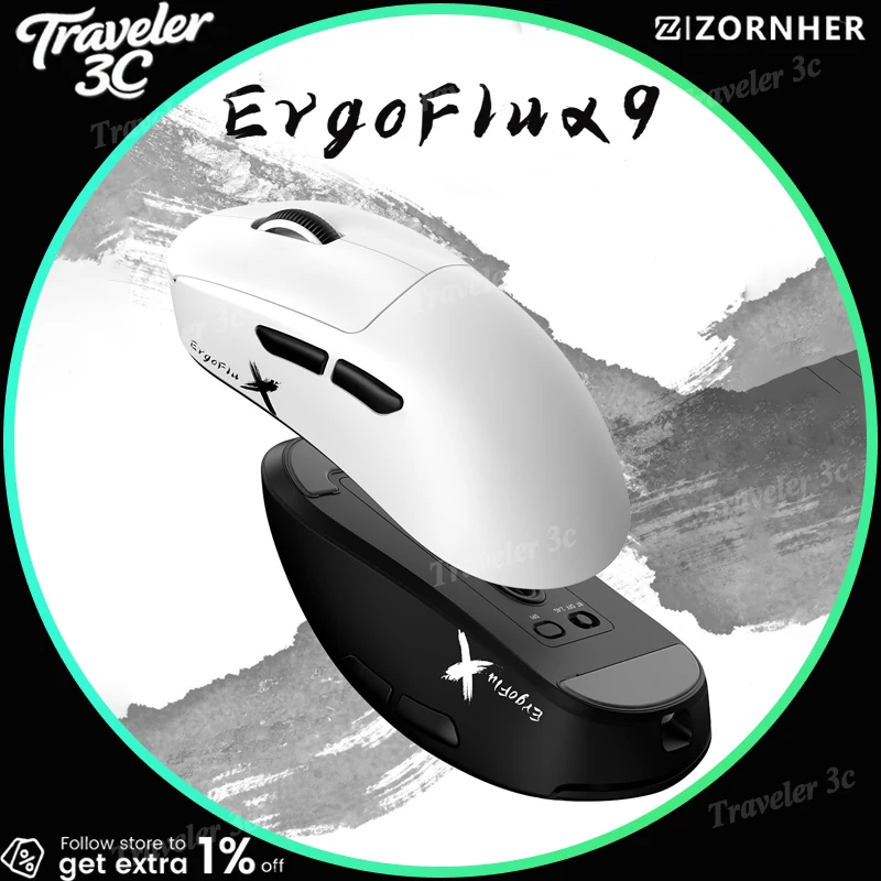 

ZORNHER Ergoflux9 Three Mode Wireless Mouse PAW3950 Dual 8KHz Polling Rate Ergonomic FPS Gaming Mouse 57g Lightweight Gift PC