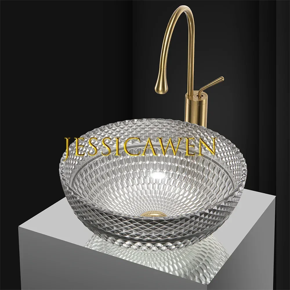 395*395*160mm Die Cast Glass Bathroom Washbasin Luxury Crystal Countertop Sink Balcony Vanity Hand Wash Basin with Faucet