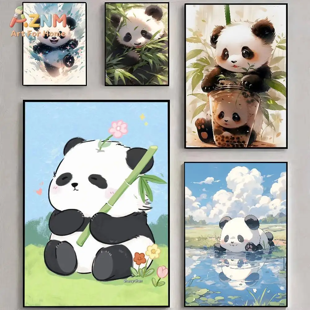 AZNM Cute Watercolor Panda Canvas Print Bamboo Bubble Tea Floral Swimming Panda Unframed Canvas Wall Art Kids Bedroom Nursery De