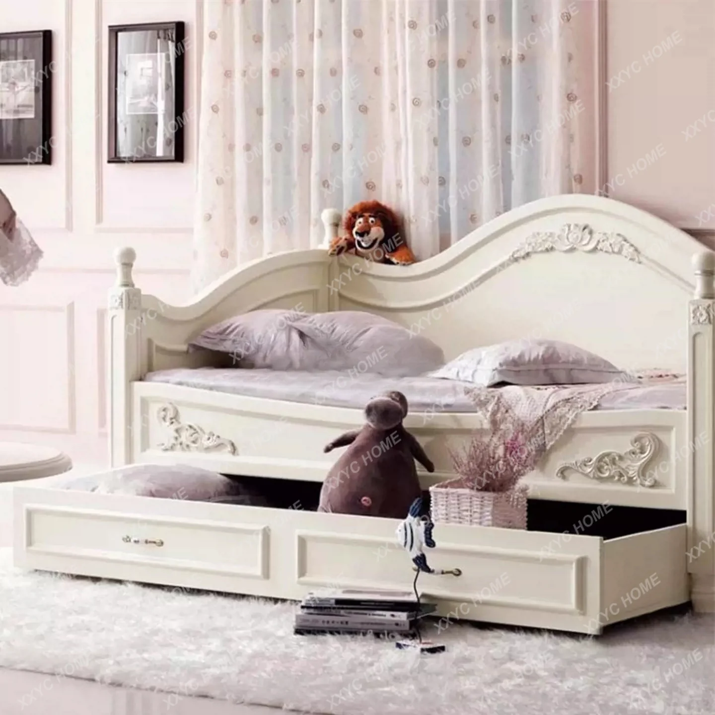 Solid wood carved bed, children's sofa bed for boys and girls, small multifunctional storage single bed