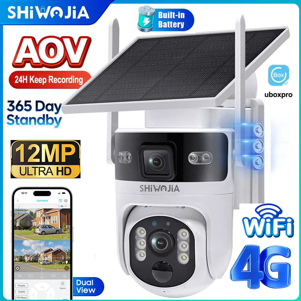 SHIWOJIA 12MP AOV Solar Battery Camera 4G SIM 7/24 Hours Recording Wireless WIFI Security PTZ Camera Dual Lens PIR Night Vision