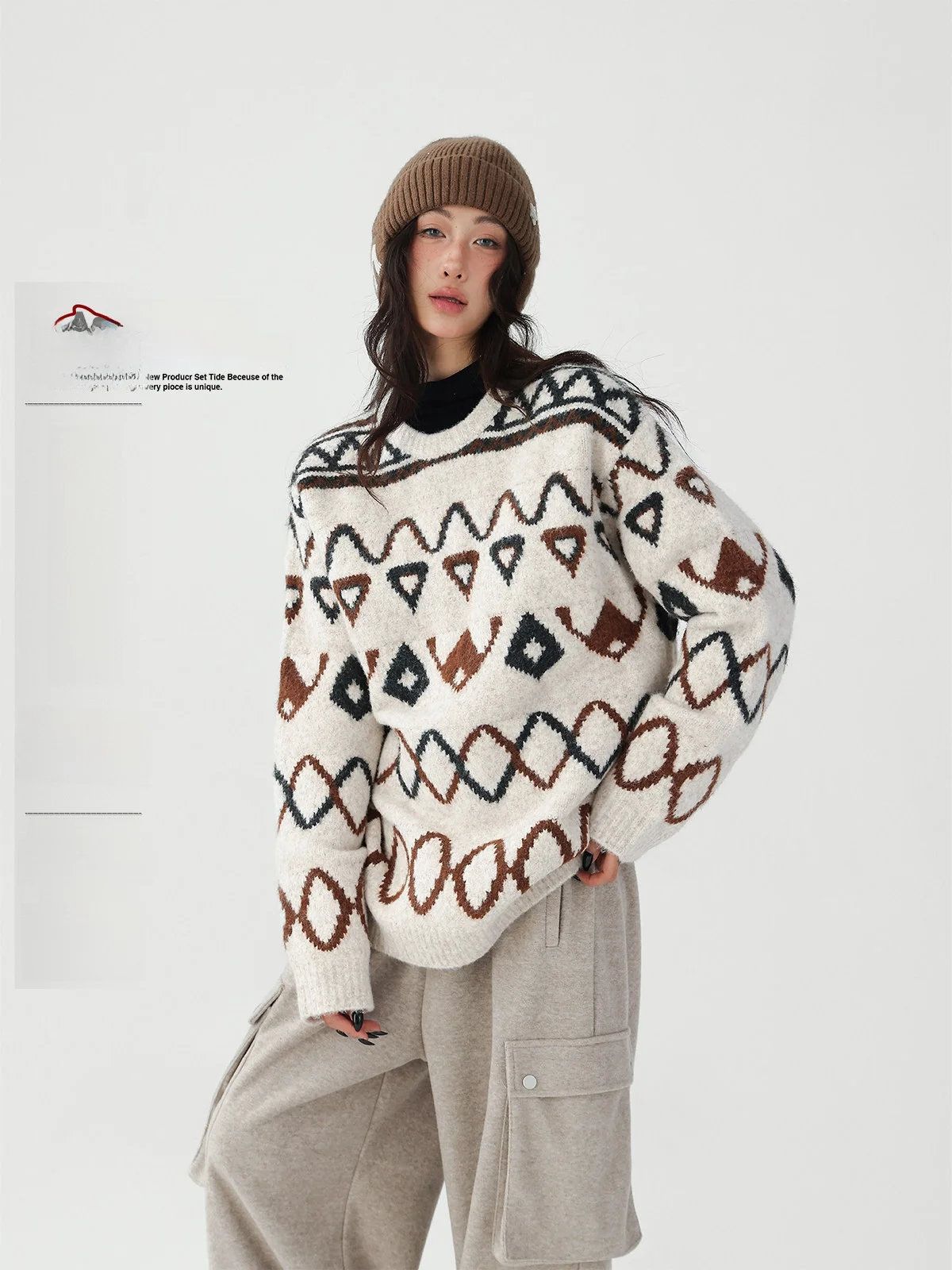 

AceStudios Thickened Color Block Diamond Sweater Fair Isle Vintage Loose round Neck Knitted Women's Top Commute Style Polyest...