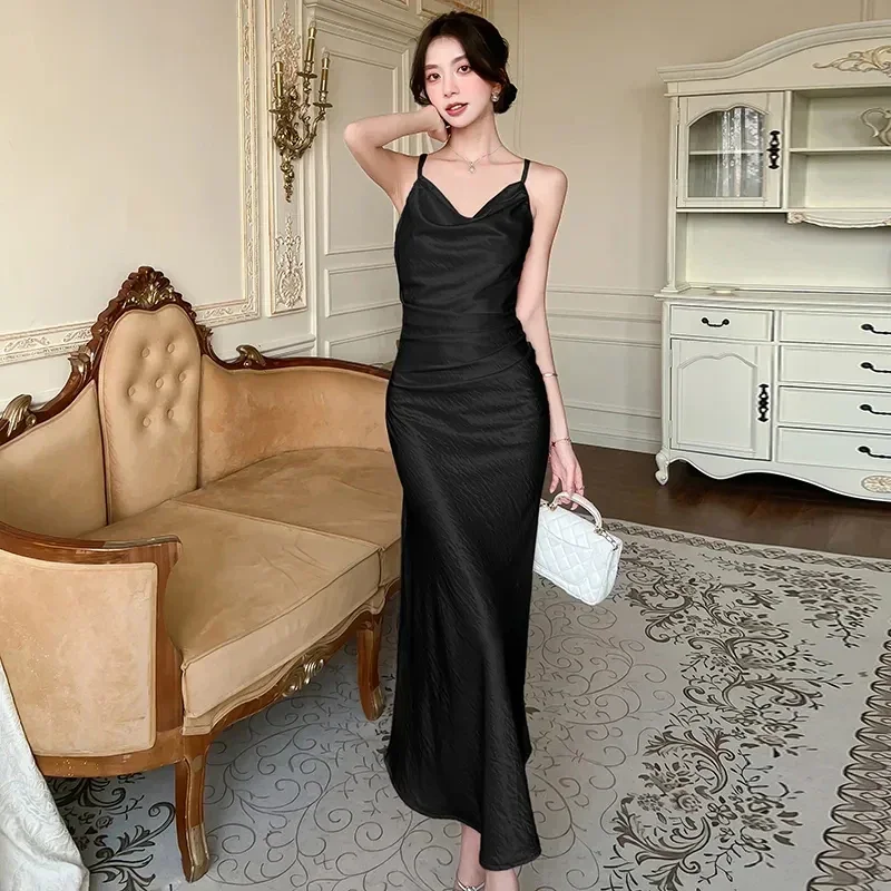 Sexy Backless Satin Camis Dress Women Summer French Spaghetti Straps Slim Midi Dress Female Elegant Solid A Line Dress New