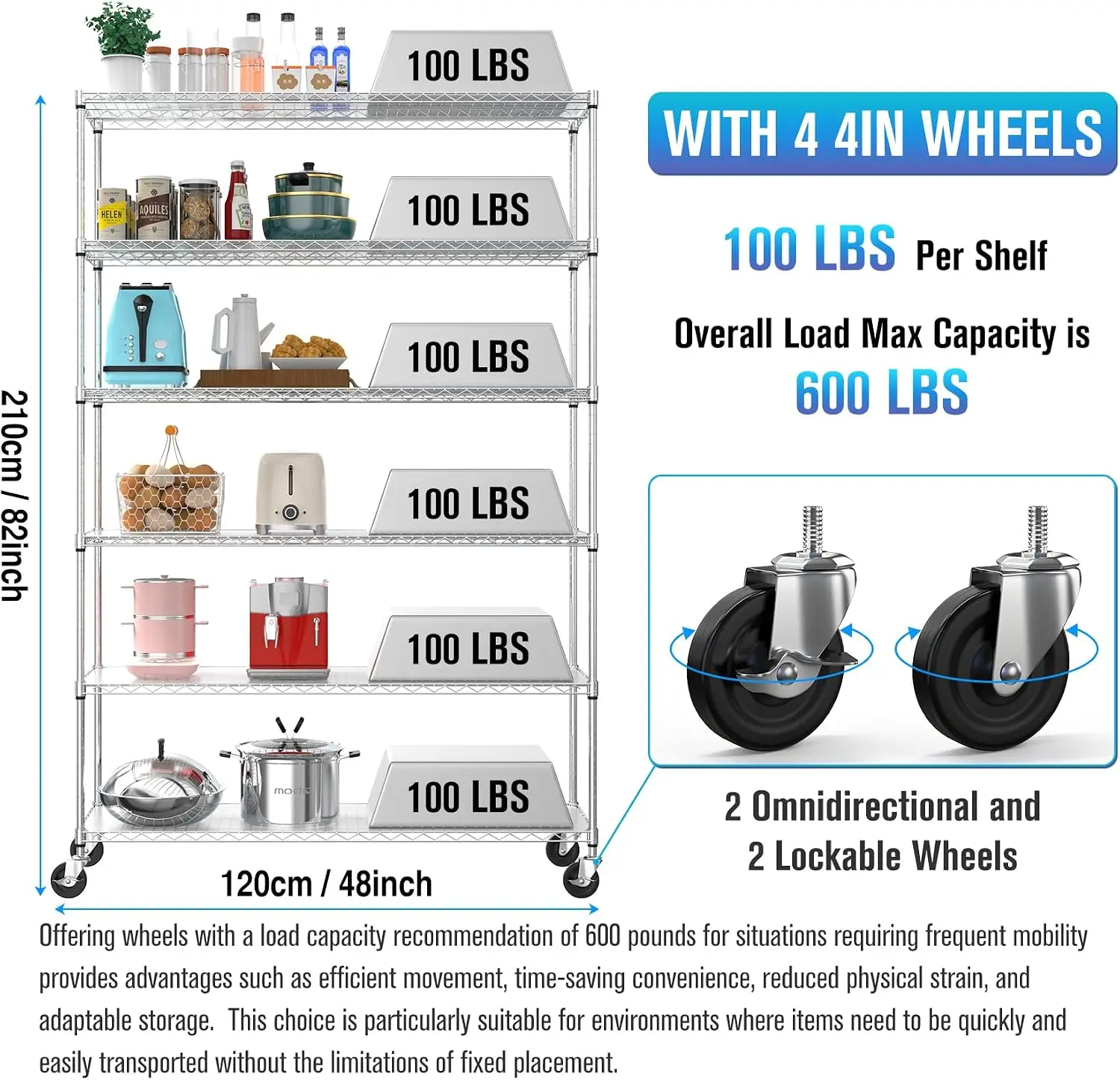 Six Tier NSF Wire Shelving Rack 18x48x82 Adjustable Heavy Duty 6000 Lbs Capacity Storage Wheels Feet Liners Chrome