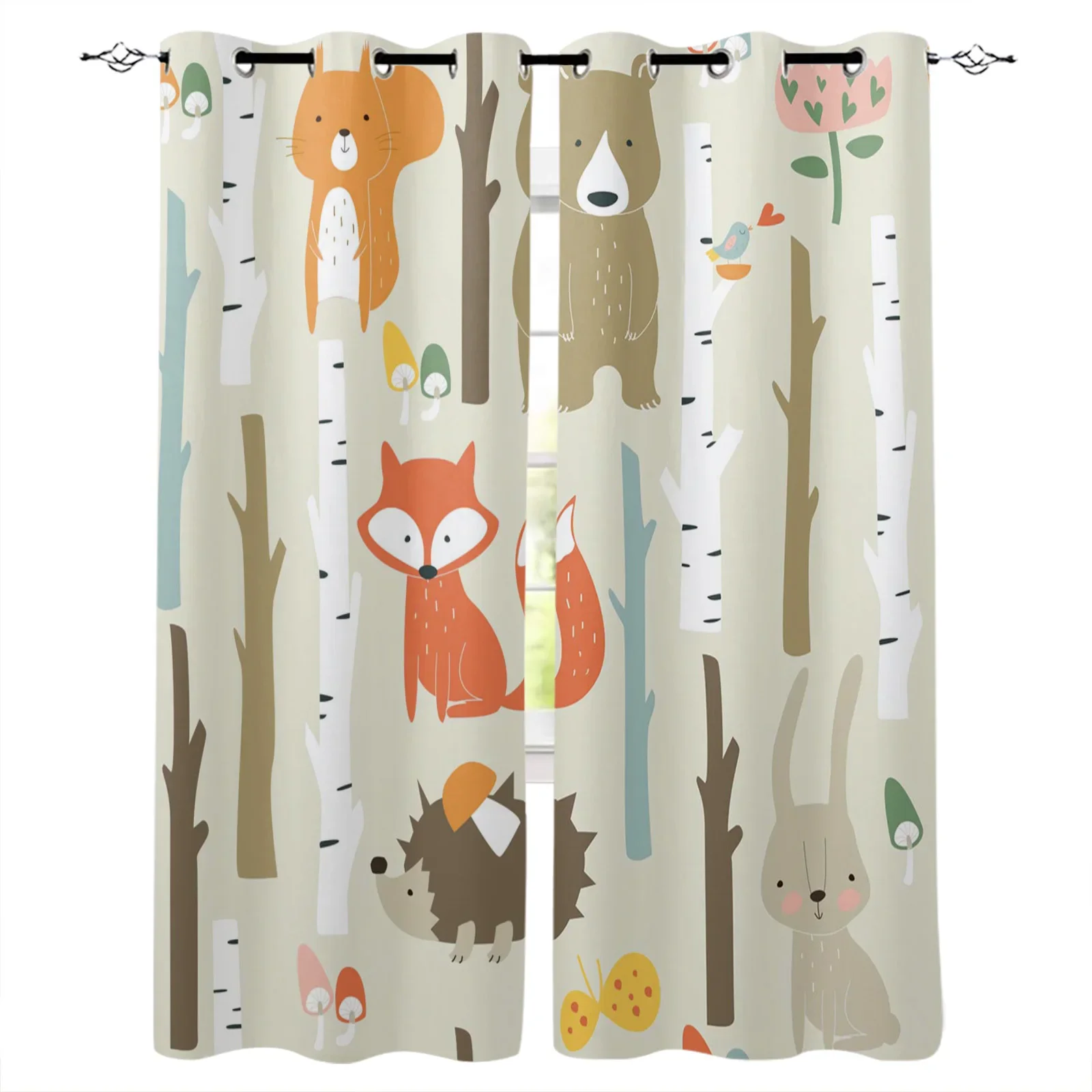 Cartoon Forest Animal Tree Fox Bear Rabbit Blackout Curtains Window Curtains for Bedroom Living Room Decor Window Treatments