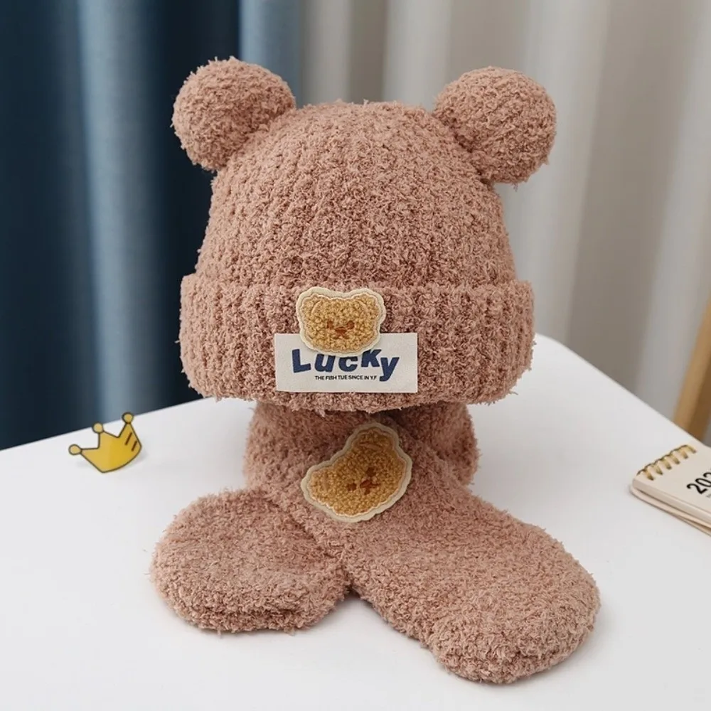 

New Lucky Bear Scarf Hat Set Windproof Coldproof Pullover Cap Warm Beanie Hat for 2-8Y