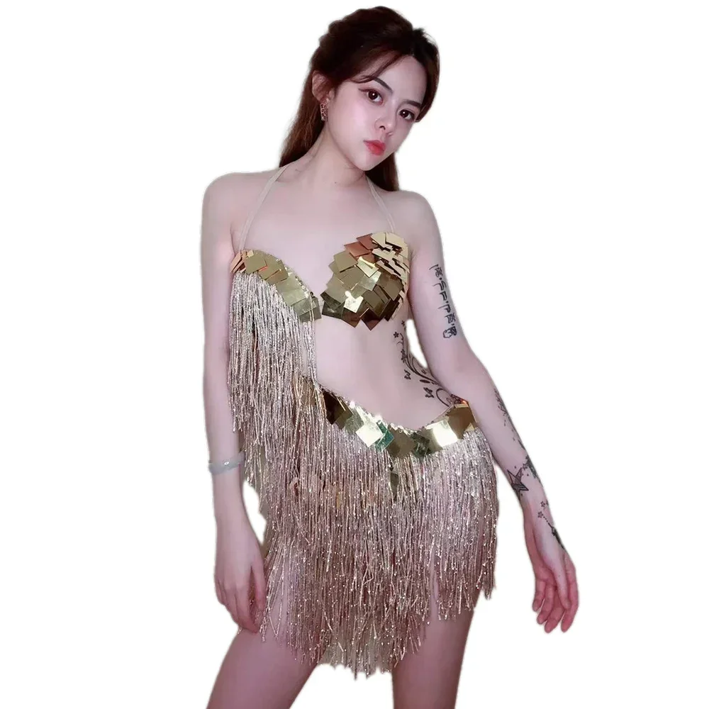 ساطع الذهب الترتر بيكيني الرسن عارية الذراعين الجوف خارج مثير شرابة فستان المرأة حفلة موسيقية القطب الجاز القماش المرحلة المغني الرقص زي #2