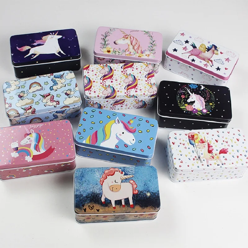 1PC New Vintage Flower Rectangular 11.5 x 7 x 4cm Candy Tin Box With Lid Cartoon Animal Unicorn Cotton/Swab/Jewelry Storage Box