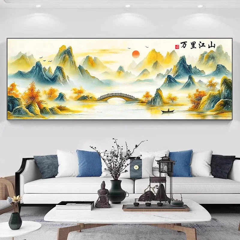 

Вышивка крестом ручной работы: большой пейзаж с горами и акварельными цветами для гостиной. Новинка 2025 года. Хлопок от бренда Mona a Royal.