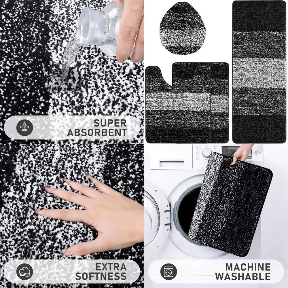 

4-Piece Bath Rug Set with Toilet Lid Cover and U-Shaped Mat, Non-Slip Soft Shaggy Absorbent Bathroom Mats for Tub and Shower, Bl